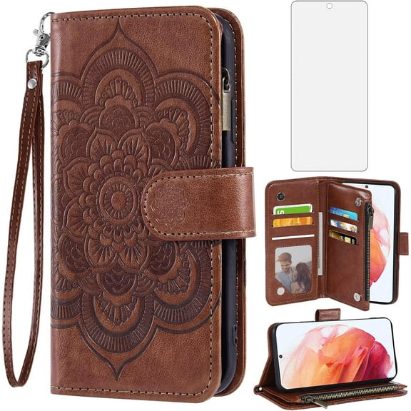 Phone Case for Samsung Galaxy S21 5G 6.2 inch Wallet Cover with Tempered Glass Screen Protector and Flower Leather Flip Credit ID Card Holder Stand Cell Accessories S 21 21S G5 Women Men Brown
