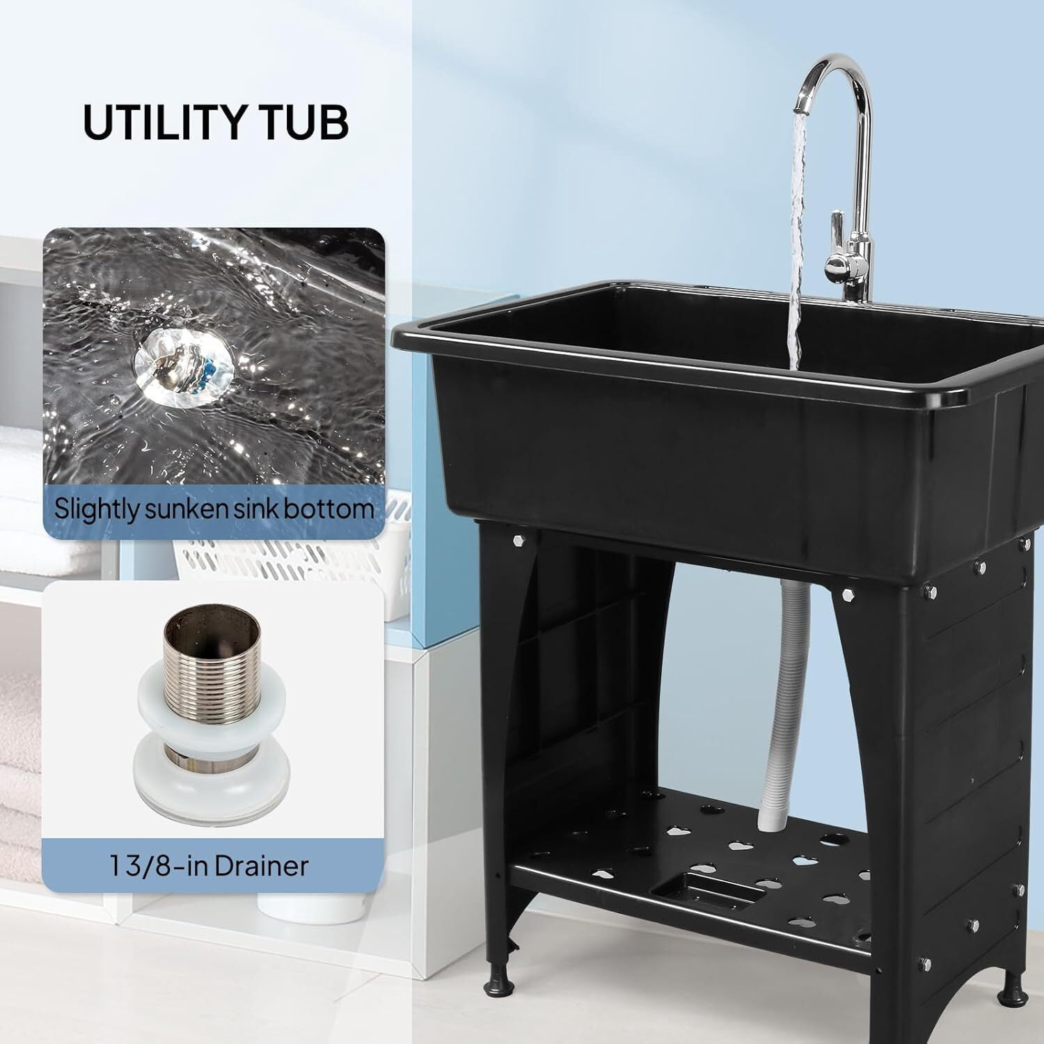 LINJH ,32.3"L x 22.4"W x 49.6"H Utility Sink with Removable Drainboard and Faucet for Laundry Black