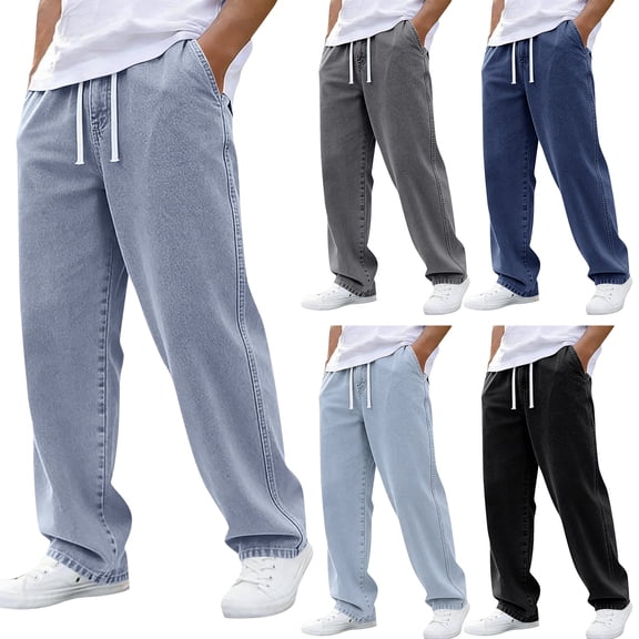 Fabrcox M-5XL Mens Jeans Baggy Wide Leg Denim Pants Men Drawstring Elastic Waist Casual Loose Fit Streetwear Trousers Men with Pockets Blue XXL