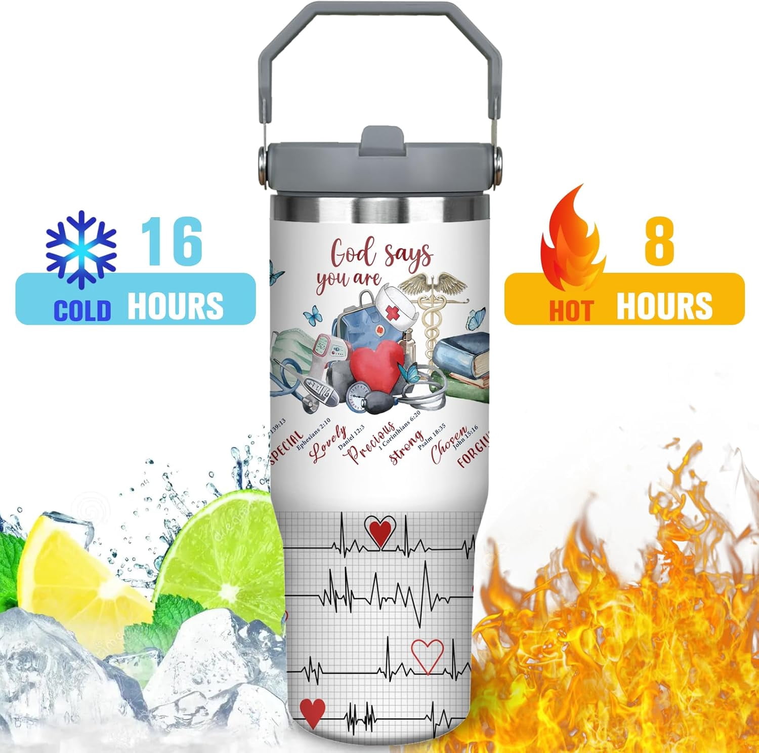 30oz Nurse Tumbler Cup with Handle Nurse Travel Coffee Mug, Nurse Nutrition Facts Tumbler, Best Nursing School Gifts, Nursing Graduation Gifts, RN Gifts for Nurses Appreciation Gifts