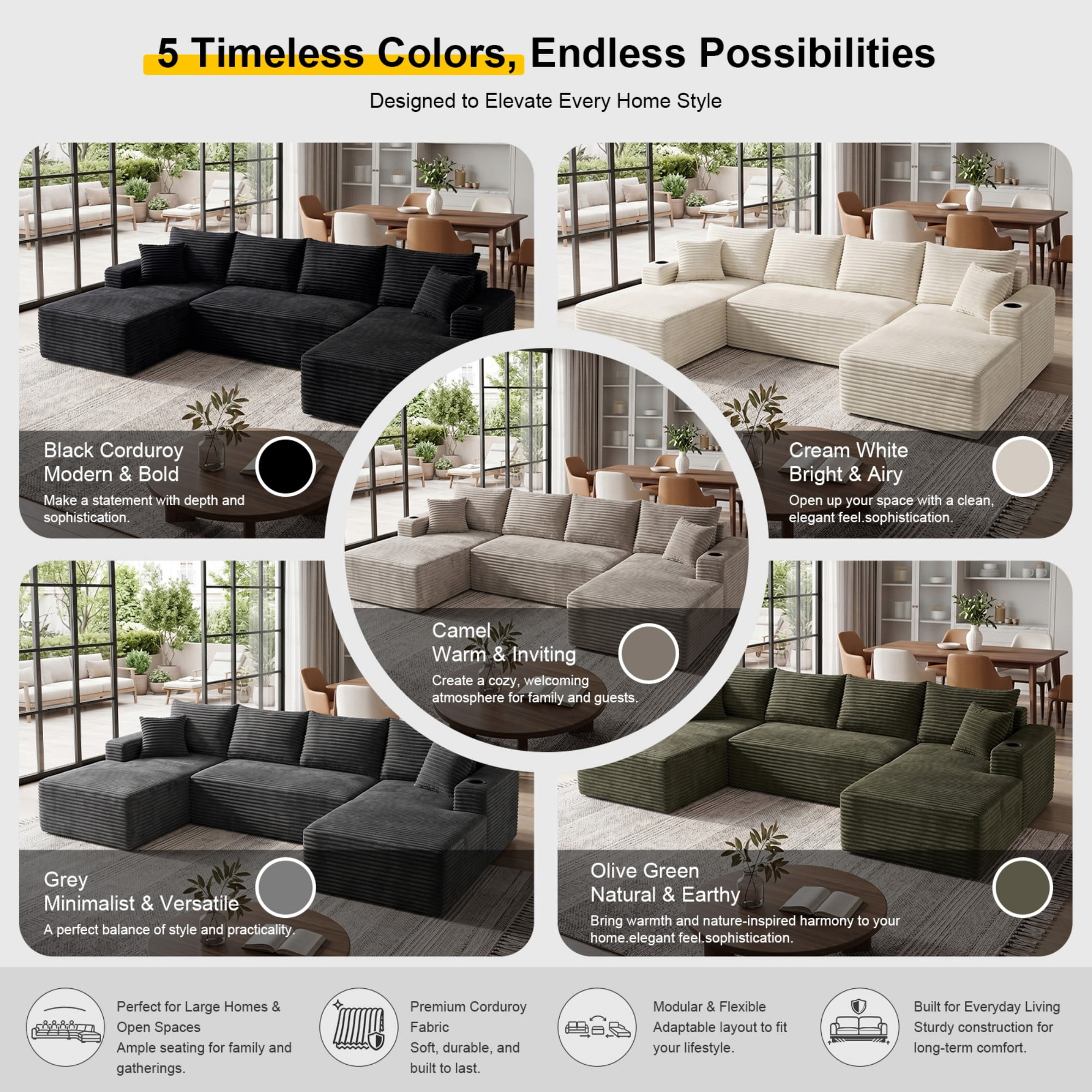 DEALTOPS 134" Corduroy U-Shape Modular Cloud Couch, Double Chaise Sectional Sofa with Cup Holders, Beige