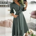 thumbnail image 2 of USSUMA Womens Summer Dresses Womens Dresses Long Sleeve V Neck Casual Lapel Collar Solid Color Tie Loose Fit Maxi Dress Elegant Skirt Loose Skirts Travel My Order Army Green Dress Size-L, 2 of 5
