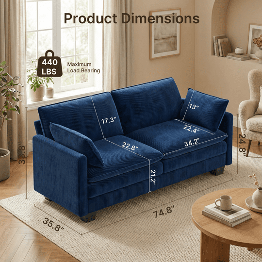 Aiho 75" L Loveseat Sofa, Comfy Corduroy Fluffy Couch with Deep Seat with Double Layer Cushions for Living Room, Apartment, Bedroom, Bedroom - Blue