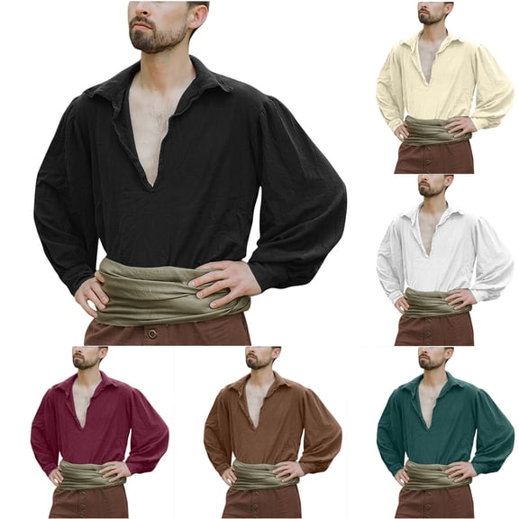 YanHoo Mens Long Sleeve Linen Shirts Retro Loose Linen Pirate Shirt V Neck Summer Renaissance Victorian Gothic Shirt Green,XXXL