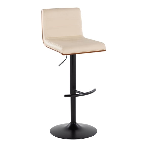 Vasari Contemporary Adjustable Barstool with Swivel in Black Metal, Walnut Wood and Cream Faux Leather with Rounded T Footrest By LumiSource - Set of 2