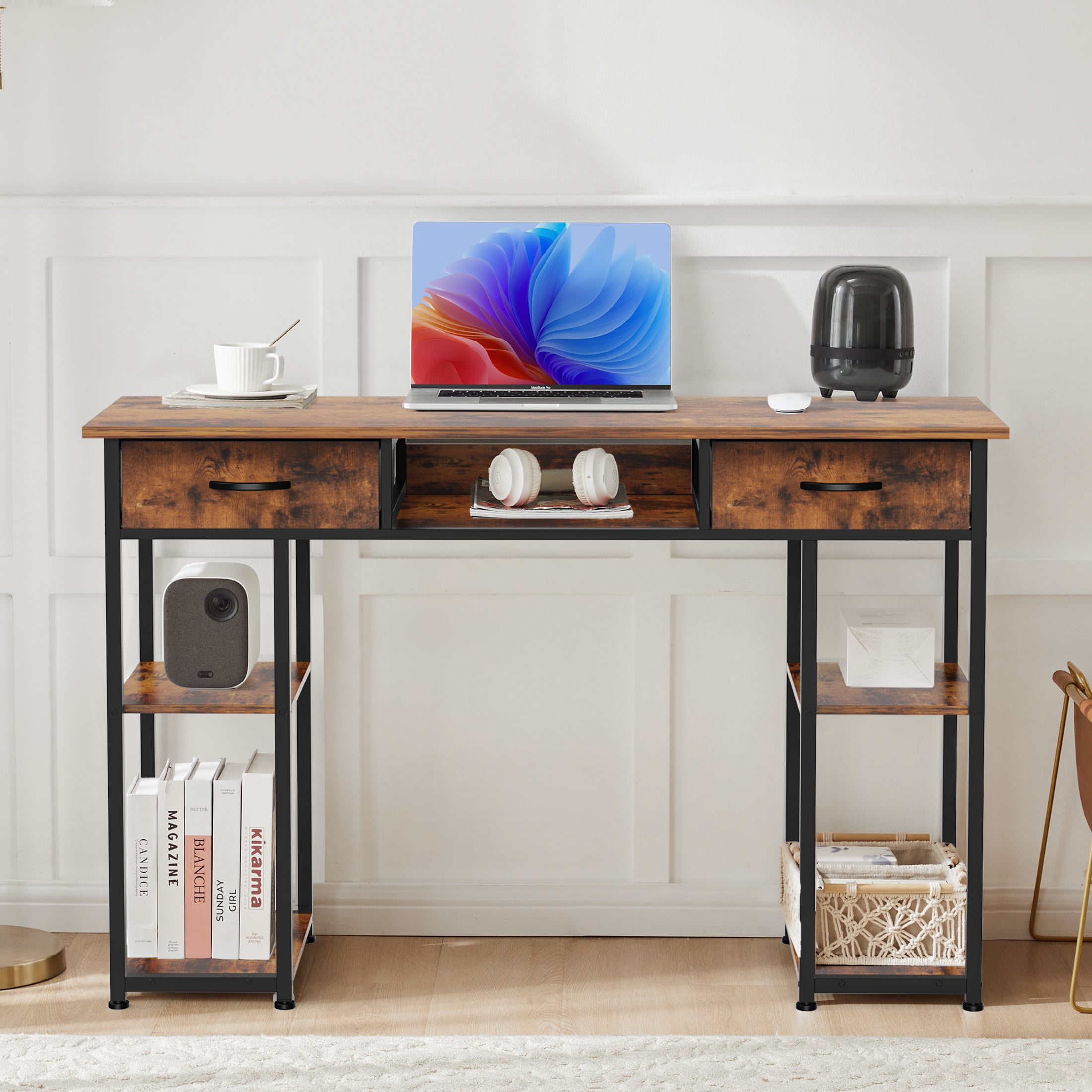 JIOABL Small Desk with 2 Drawers 48 Inch Bedroom Kids Student Vanity Home Office Computer PC Table, Study Writing Wood Deskboard for Small Spaces,Rust Brown
