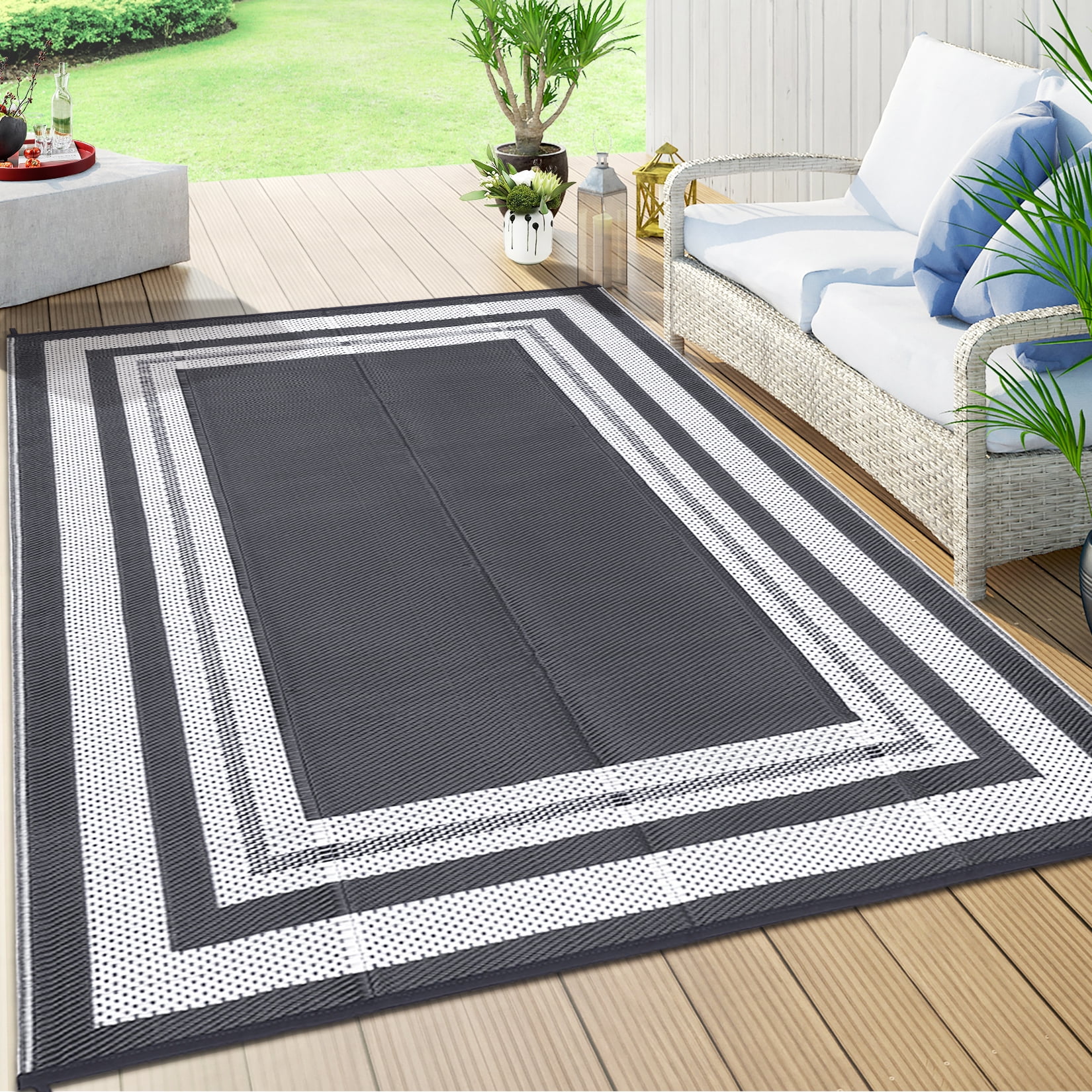 FairOnly 9'x12'Modern Outdoor Rugs Stain Resistant Portable Carpet for RV Trip Beach
