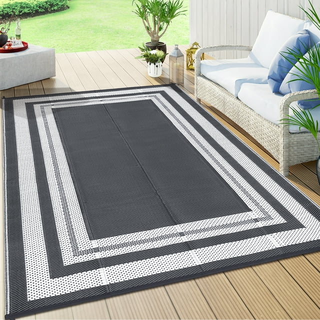 Tapis d'Extérieur Imperméable Gavee 3 X 4,25 m, Réversible, pour Terrasse, Intérieur et Extérieur, en Plastique, Style Géométrique Moderne, Idéal pour VR, Terrasse, Balcon, Véranda, Pique-Nique, avec Sac de Rangement, Gris et Blanc.