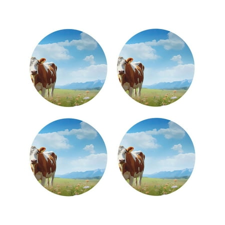 

Tideii Cow Grazing Nature for Leather Coasters 4 Pieces Anti-fouling and Anti-scalding Decorative Coasters Suitable for Restaurants Kitchens Coffee Shops-Round Shape