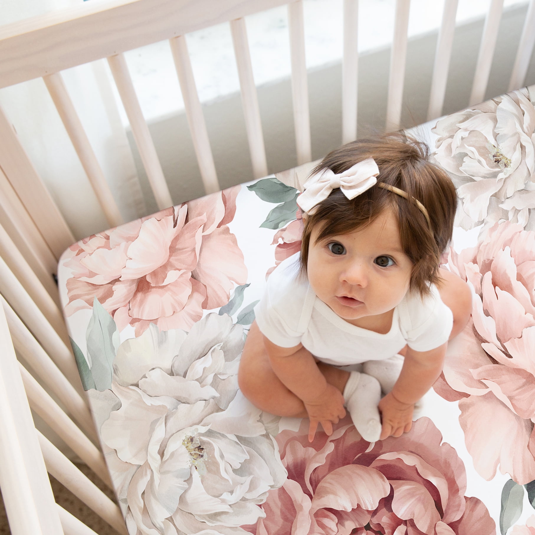 Sweet Jojo Designs Peony Floral Garden Pink Ivory and Green Fitted Crib Sheets 2 Piece Set