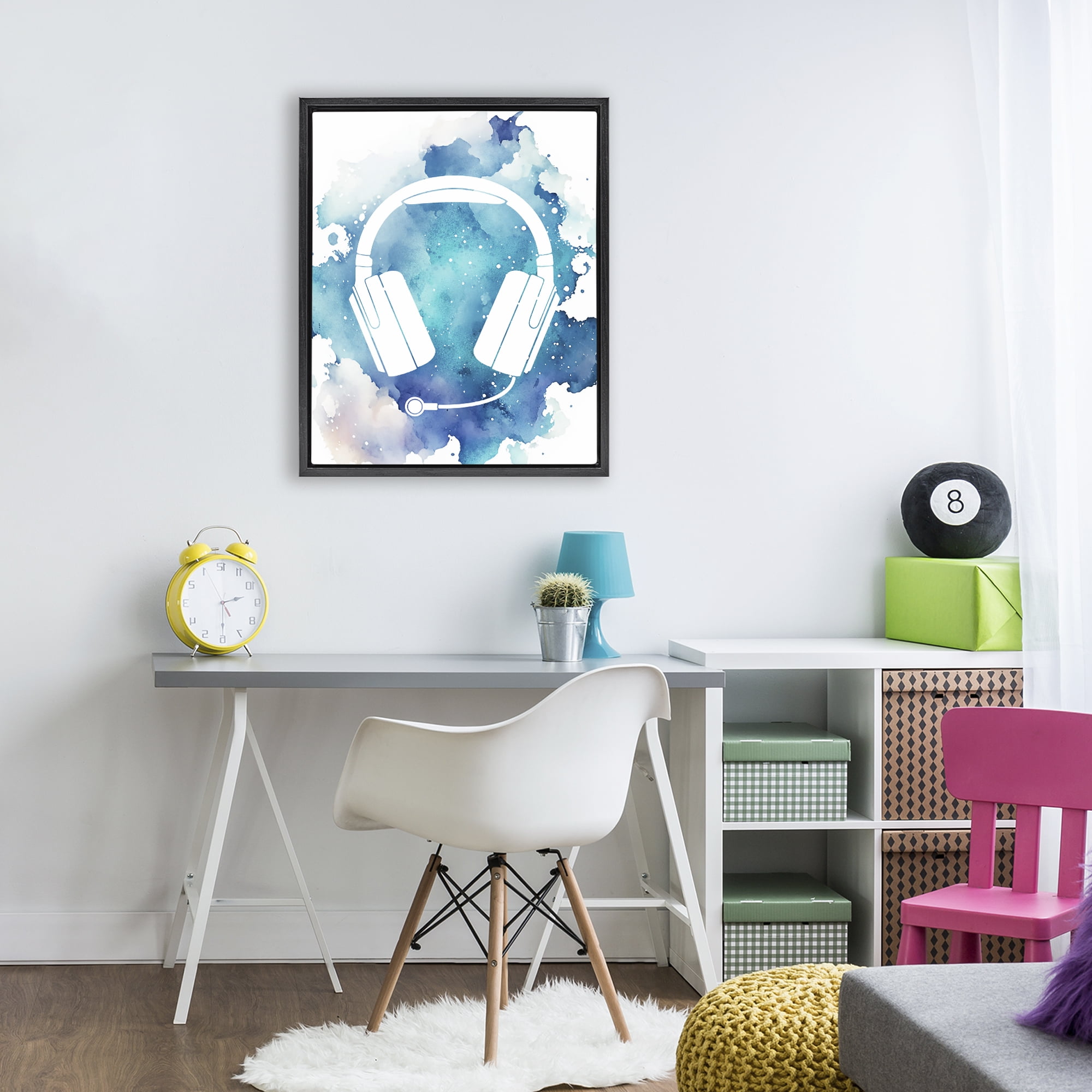 Blue Headphone Splatter Black Framed Floater Canvas Wall Art, design by Marcus Prime