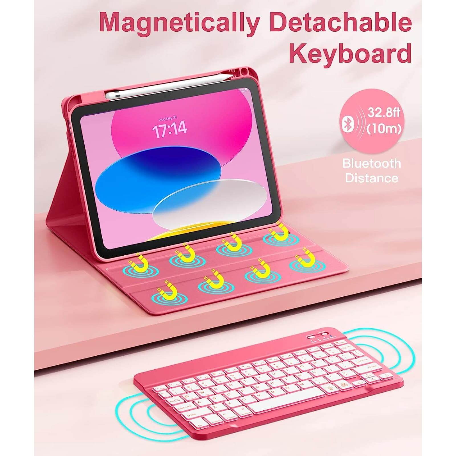 GEAK for iPad A16 11th 10th Generation Case with Keyboard, 7 Colors Backlit Detachable Folio Keyboard Cover with Pencil Holder for iPad 10th Gen 10.9 Inch/11th Gen 11 Inch, Red