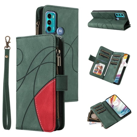 Motorola MOTO G60 Case , Wallet Cover Zipper Poket Nine Card Slot PU Leather Magnetic Clasp Kickstand Compatible with Motorola MOTO G60 Case - Green