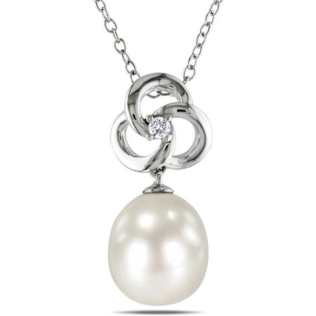 Miabella 9-9.5mm White Cultured Freshwater Pearl and Diamond-Accent Sterling Silver Pendant, 18