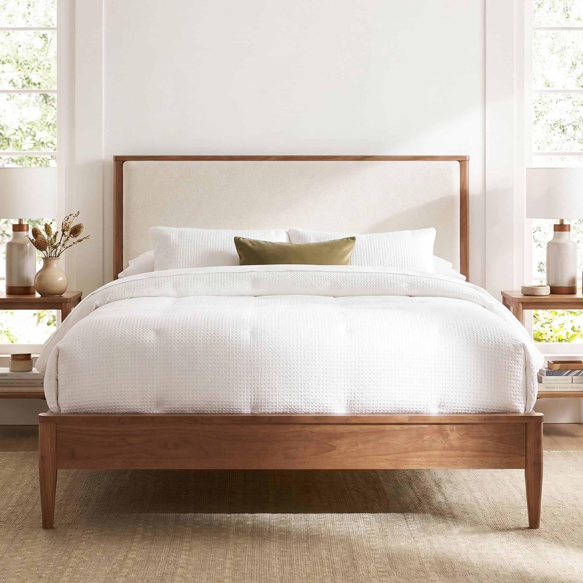 Euroco Wood Queen Size Platform Bed, Mid-Century Modern Style Platform Bed with Boucle Upholstered Headboard, Walnut