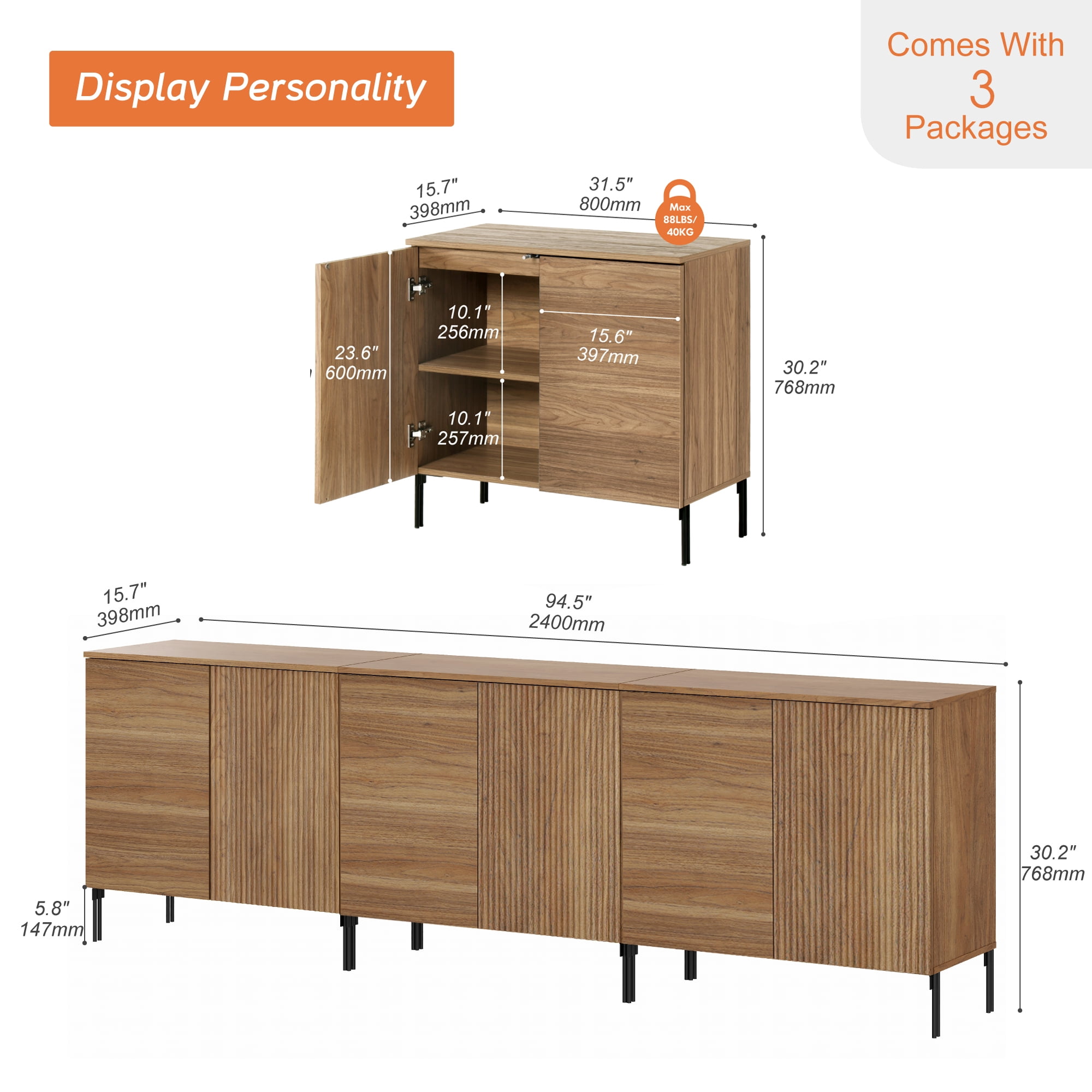 94.5" Wooden Fluted Sideboard with 6 Doors and Adjustable Shelves, 3-In-1 Modern Credenza Storage Cabinet for Kitchen, Dining Room