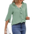 thumbnail image 4 of UVN Chiffon Blouses for Women Dressy Ruffle V Neck Tops Summer Casual 3/4 Sleeve Shirts, 4 of 11