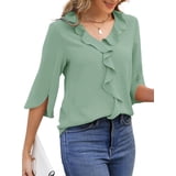 UVN Chiffon Blouses for Women Dressy Ruffle V Neck Tops Summer Casual 3 ...