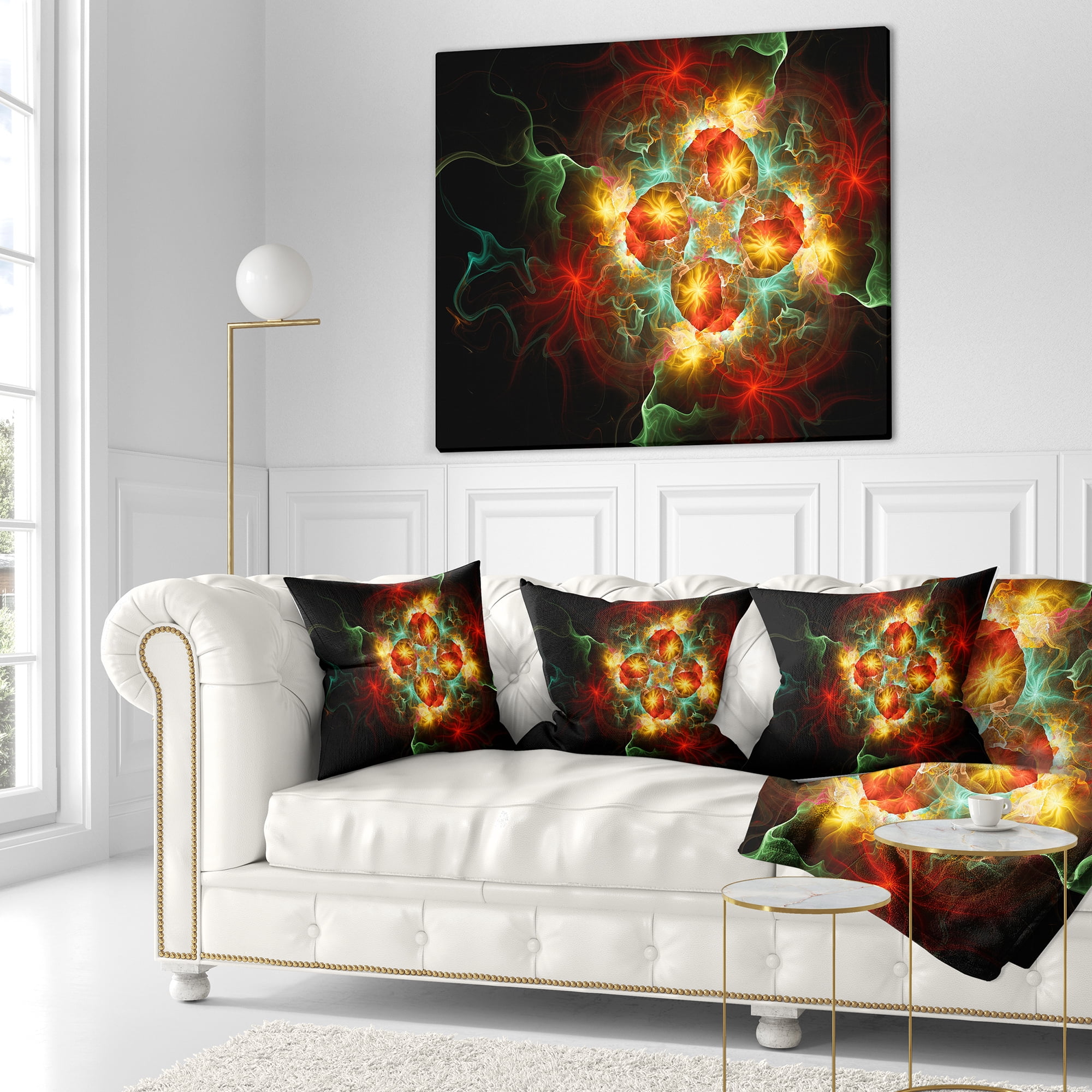 Designart Fractal Yellow N Red Flower - Floral Throw Pillow - 18x18