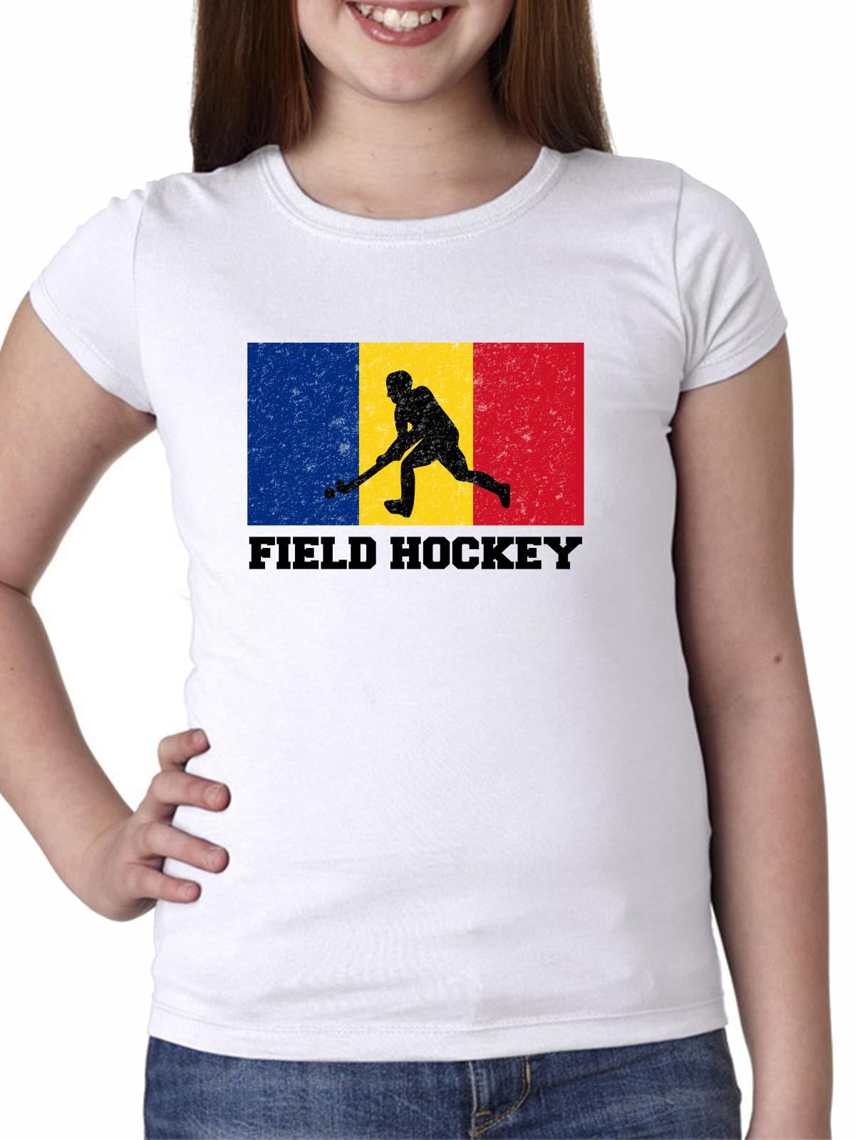 Romania Olympic Field Hockey Flag Silhouette Girl's Cotton Youth T-Shirt by Hollywood Thread