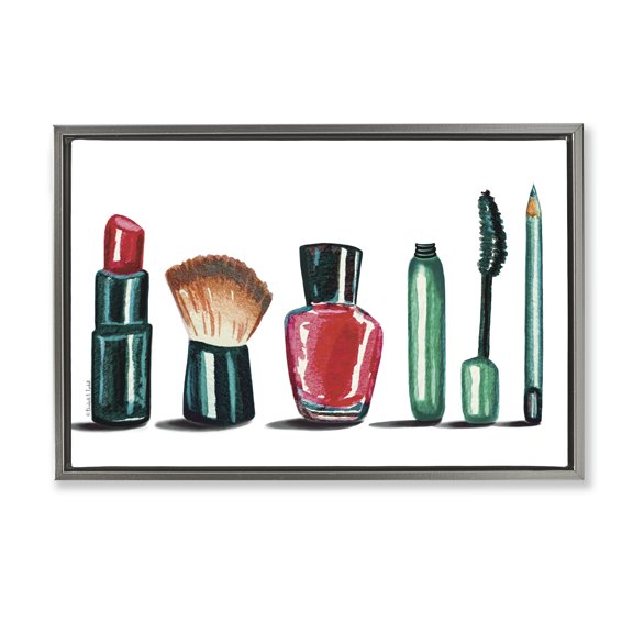 Stupell Industries Makeup Tools & Brushes Fashion Painting Gray Floater Framed Canvas Art Print Wall Art, 31 x 21