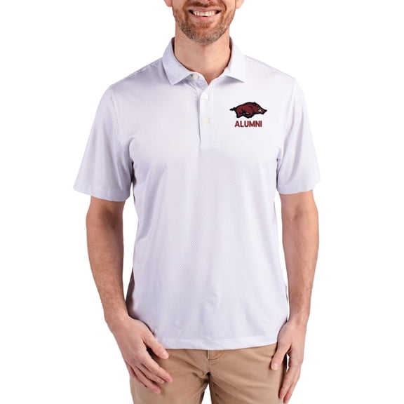 Men's Cutter & Buck White Arkansas Razorbacks Alumni Pike Eco Symmetry Print Stretch Recycled Polo
