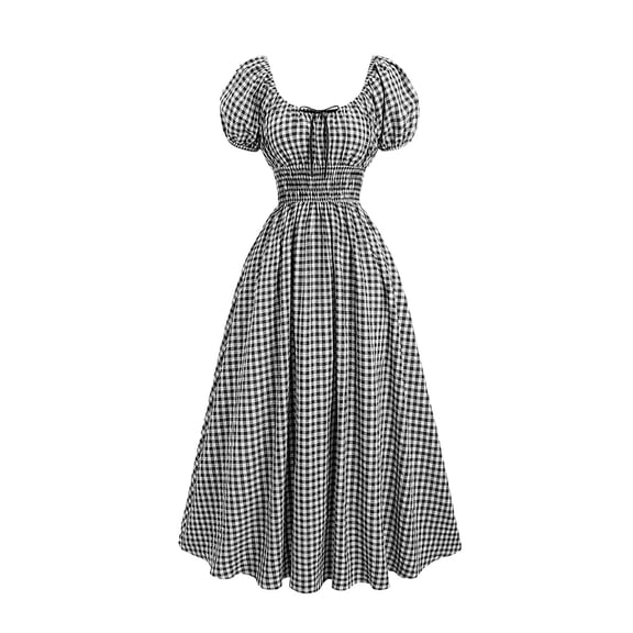 Karymi Dresses for Women Vintage Gingham Midi Dress, Off Shoulder Puff Short Sleeve Smocked Waist Front Tie Flowy Swing Sundress For Oktoberfest Holiday Maxi Dress