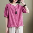 thumbnail image 4 of Timegard Womens Short Sleeve Tops Cotton Linen Round Neck Bottom Drawstring Back Button Casual Loose Tops, 4 of 6