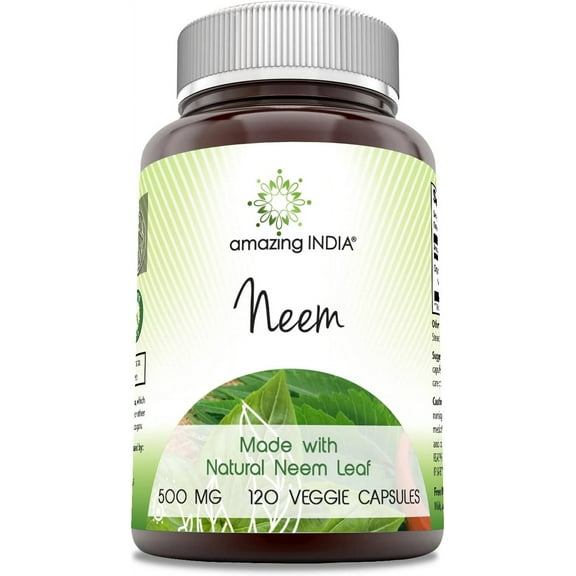 Amazing India Neem 500 Mg Per Serving 120 Veggie Capsules Supplement | Non-GMO | Gluten Free | Suitable for Vegetarians