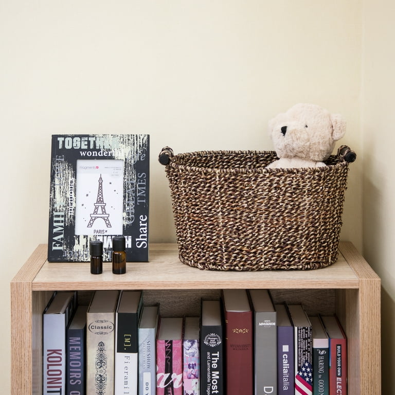 Mainstays Brown Oval 2-Hue Seagrass Storage Basket with Wooden Handles, 8.31 in. x 10 in. x 14.31 in.