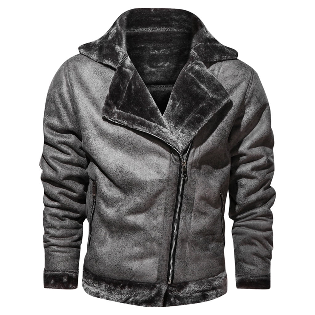 guisaled Men's Faux Leather Jacket Men Fuzzy Sherpa Fleece Lined Bomber Jackets Button Down Lapel Collar Winter Coats with Shearling Lining