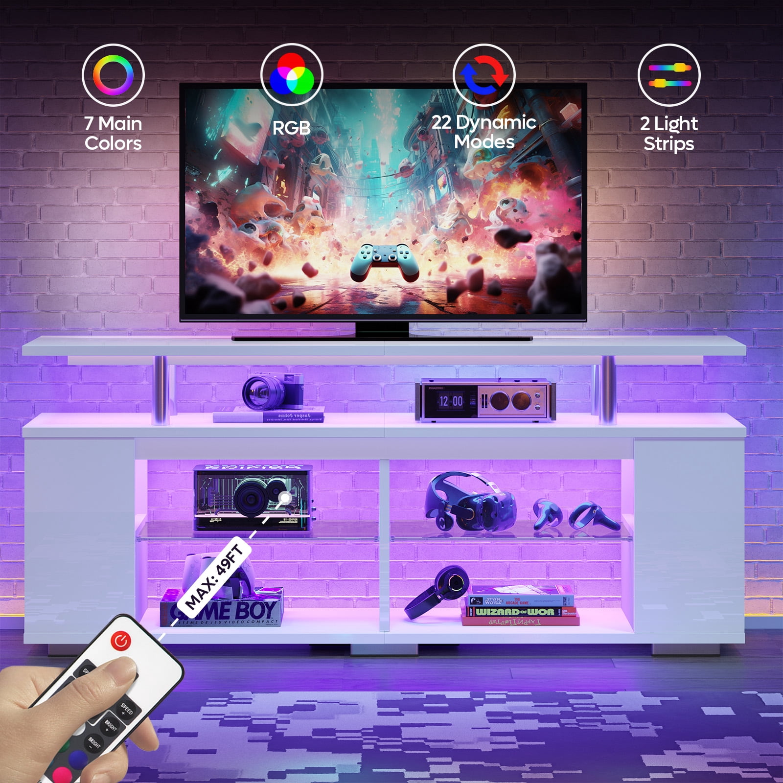 Pinmoco LED TV Stand for TVs up to 70", High Gloss Large Gaming Entertainment Center with Adjustable Shelf PS5 Storage TV Cabinet for Living Room, Bedroom, Game Room, White
