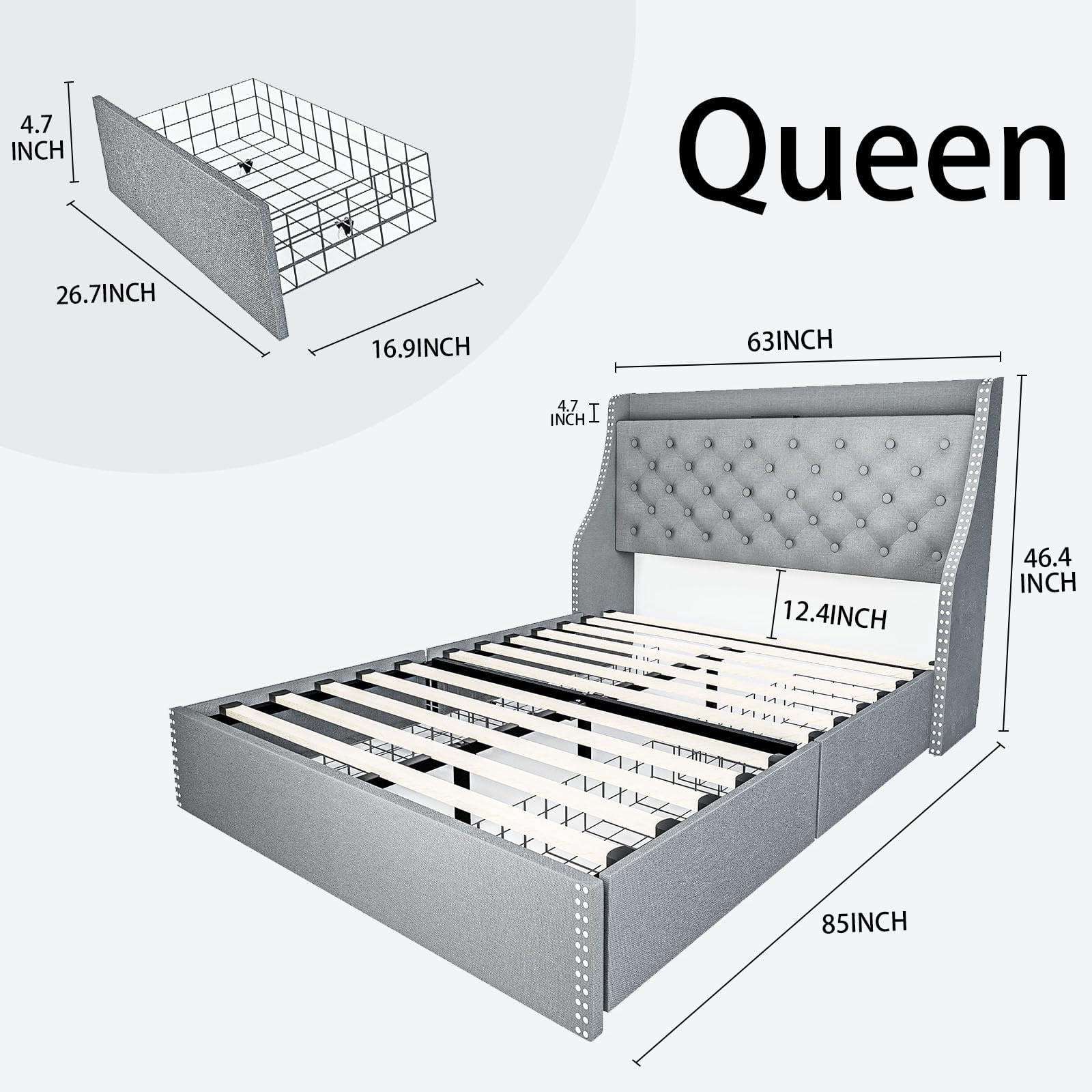 King Size Bed Frame with Adjustable Headboard, Upholstered Platform Bed Frame with Wooden Slats Support, No Box Spring Needed, Non-Slip, Noise-Free, Easy Assembly, Black