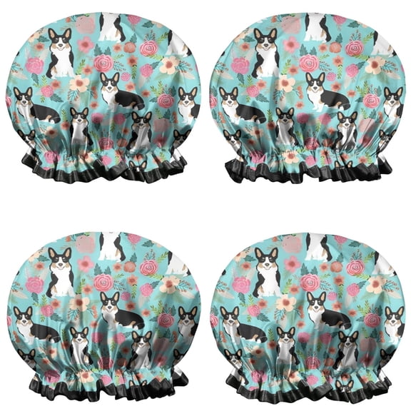 Shower Caps,Corgi Dog and Flowers Waterproof Shower Cap for Women 4 Pieces,Double Reusable Hair Cover for Shower PEVA Elastic Stretch Hem