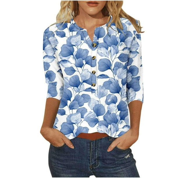 3/4 Manga Superior Impresa Botón Suelto Cuello Redondo Camiseta, Tops Sueltos para las Mujeres