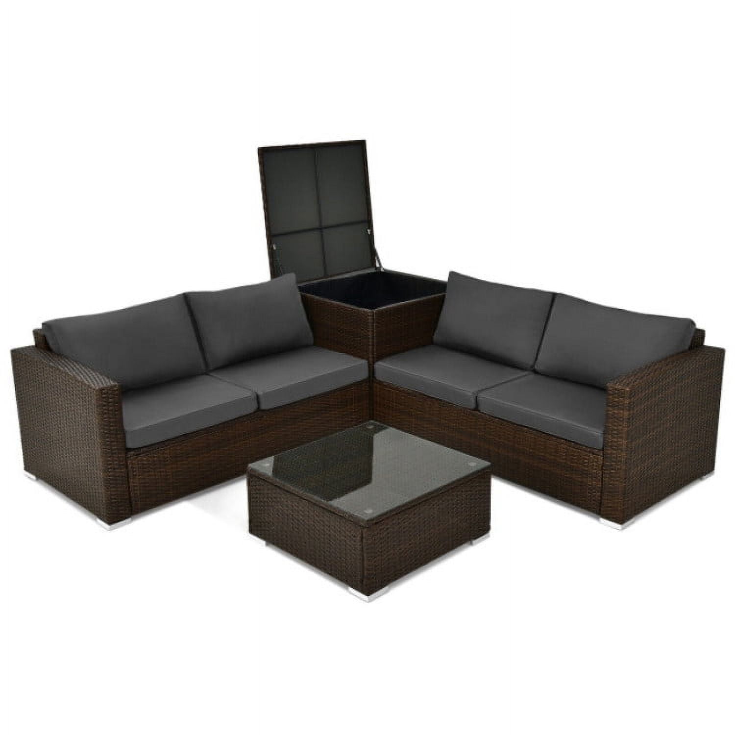 Aimee Lii 4 Pieces Patio Rattan Cushioned Furniture Set with Armrest and Storage Box, Outdoor Patio Set, Brown