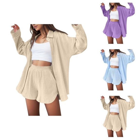 Short Sets for Women Loose Fit Long Sleeve Button Down Collared Shirt and Shorts 2 Piece Matching Set Work Sets