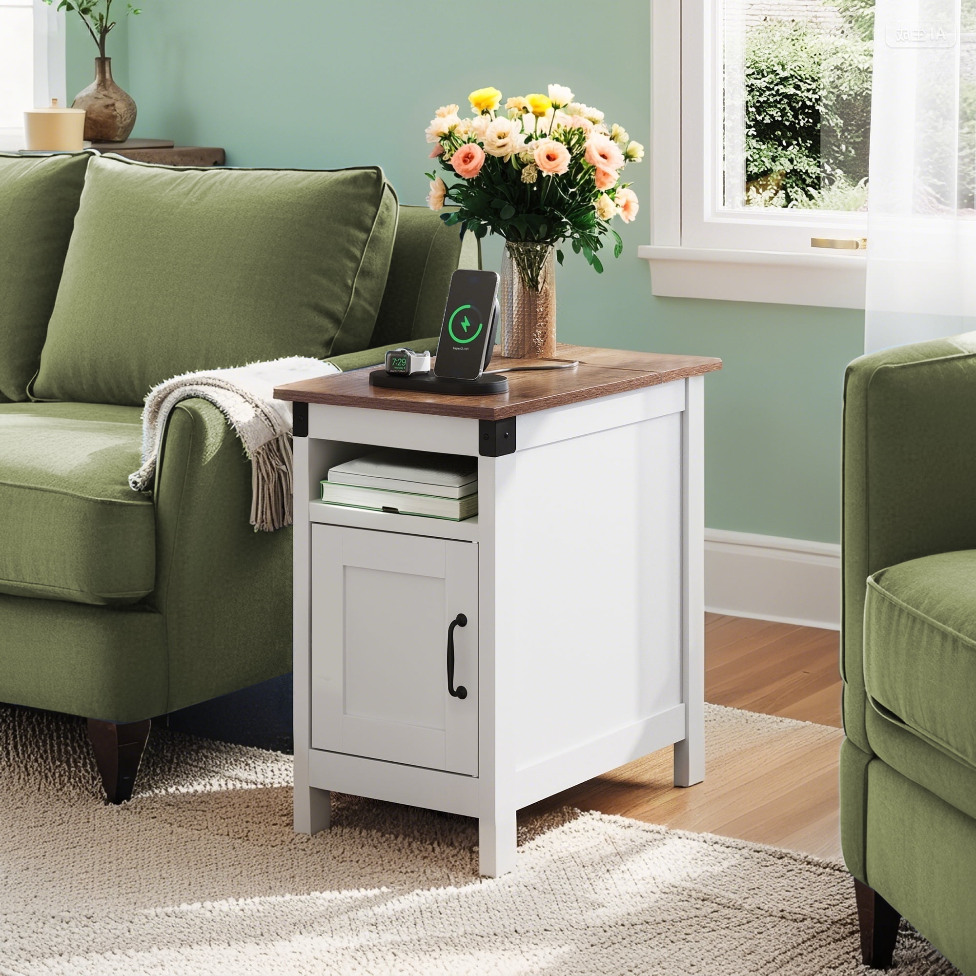 GALAXHERO End Table with Charging Station Narrow Side Table with Storage Night Stand with USB Ports and Outlets Small Wooden Cabinet for Living Room and Bedroom White