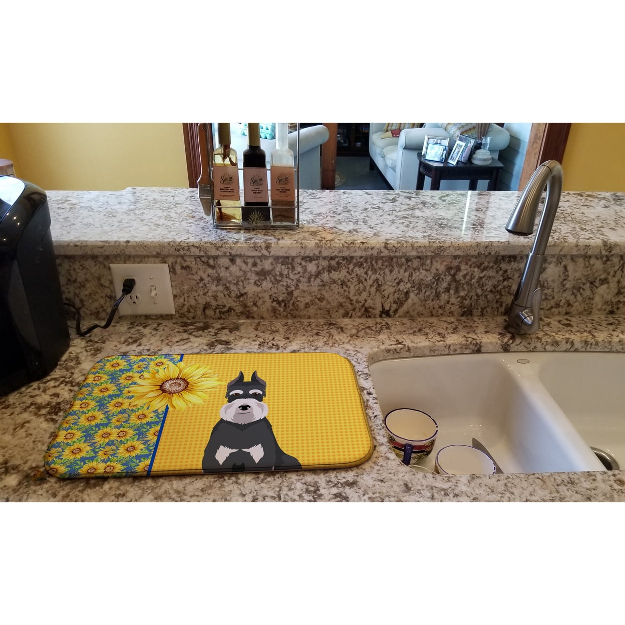 Summer Sunflowers Black and Silver Schnauzer Dish Drying Mat 14 in x 21 in