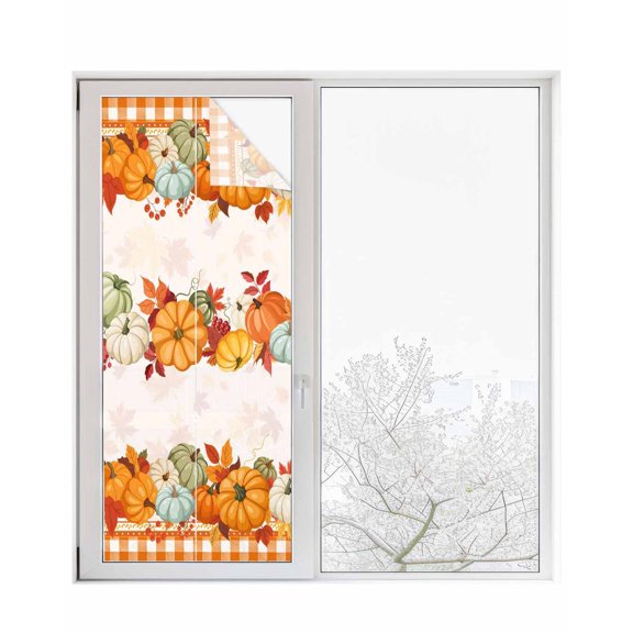 Window Privacy Film Fall Stained Glass Window Film Decorative Sun Block Window Cover Orange Blue Pumpkins Thanksgiving Maple Leaf Plaid Window Clings Static Adhesive Sticker for Bathroom 23.6"x59"