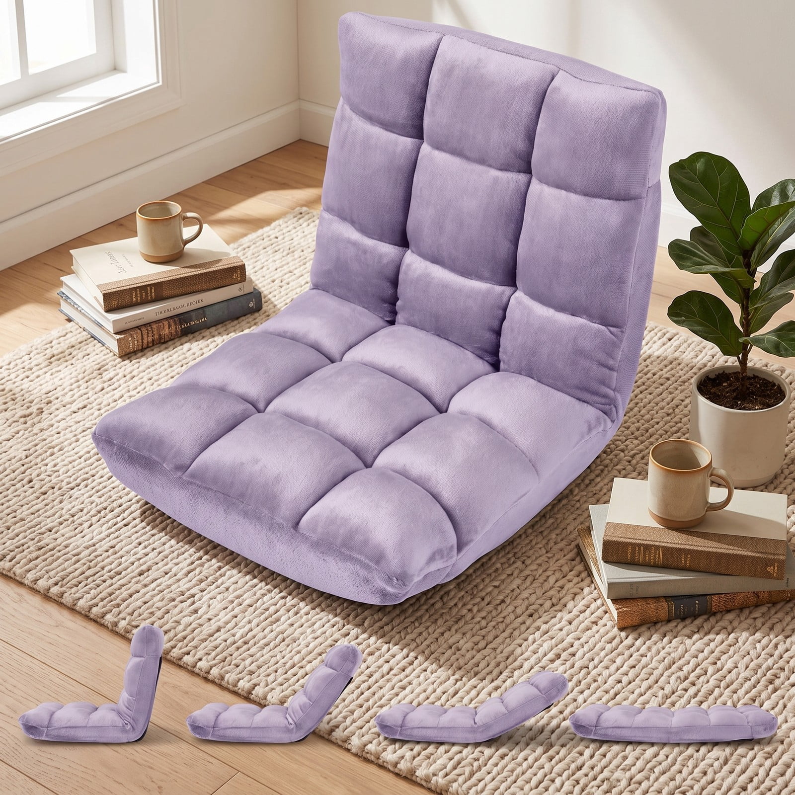 Furnibear 14-Position Adjustable Floor Chair, Padded Folding Lazy Sofa Gaming Chair with Cushioned Back Support for Living Room Bedroom Reading Meditation, Light Purple