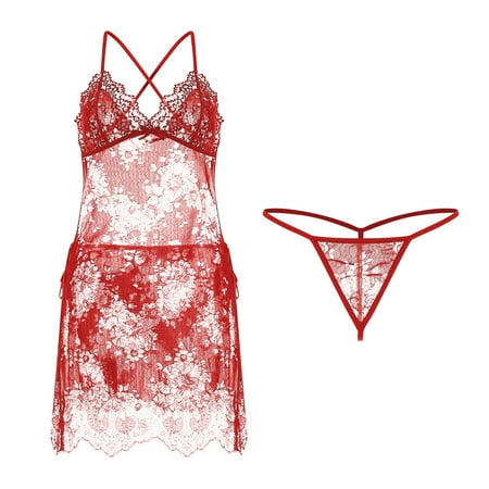 

Women Lace See-Through Deep V Nightgown Halter Strap Nightdress Underwear Lingerie Set