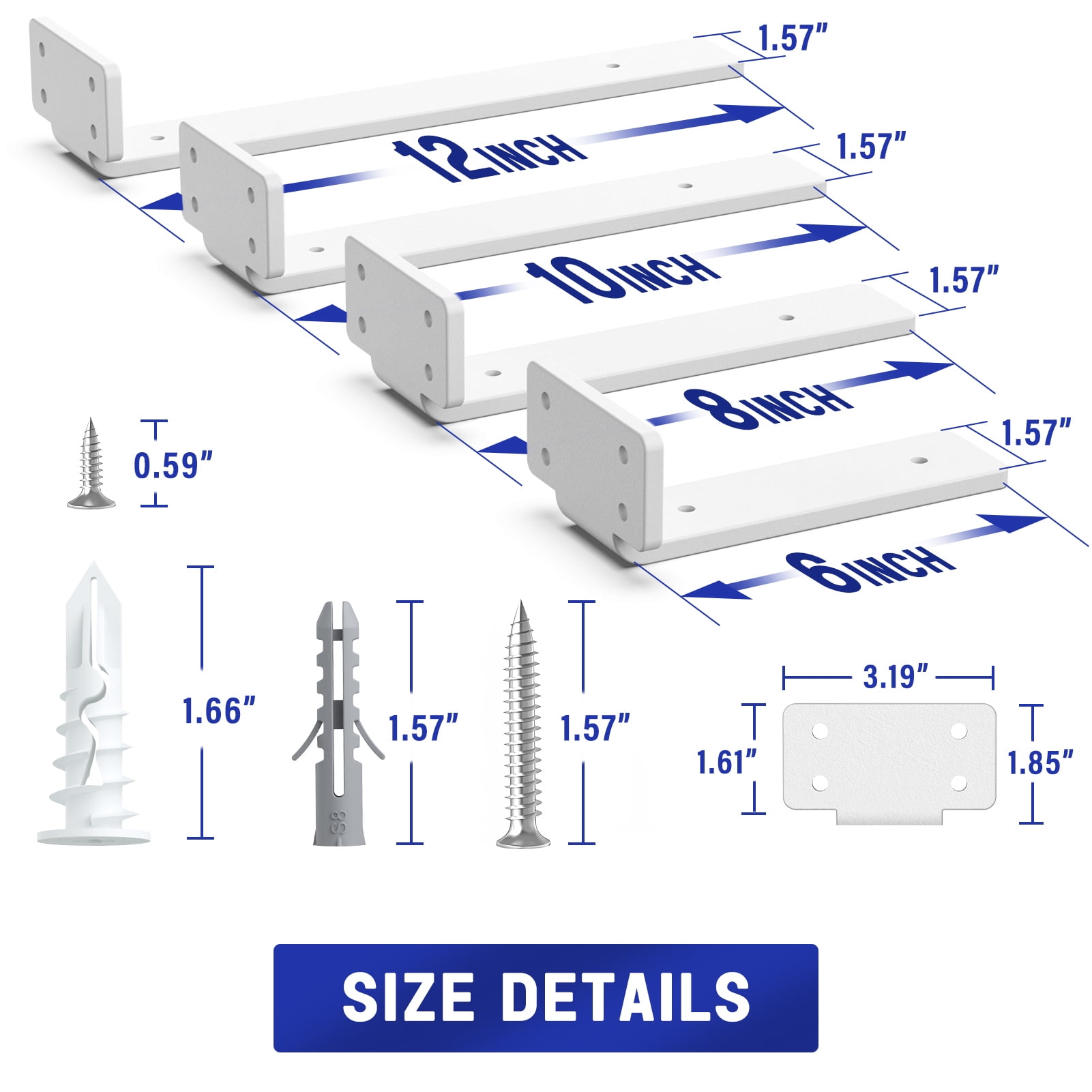 6 Pack Heavy Duty Shelf Bracket, 10 inch Floating Shelf Brackets(1/5"-Thick) White Metal Wall Shelf Support Brackets, Holds 160+lb