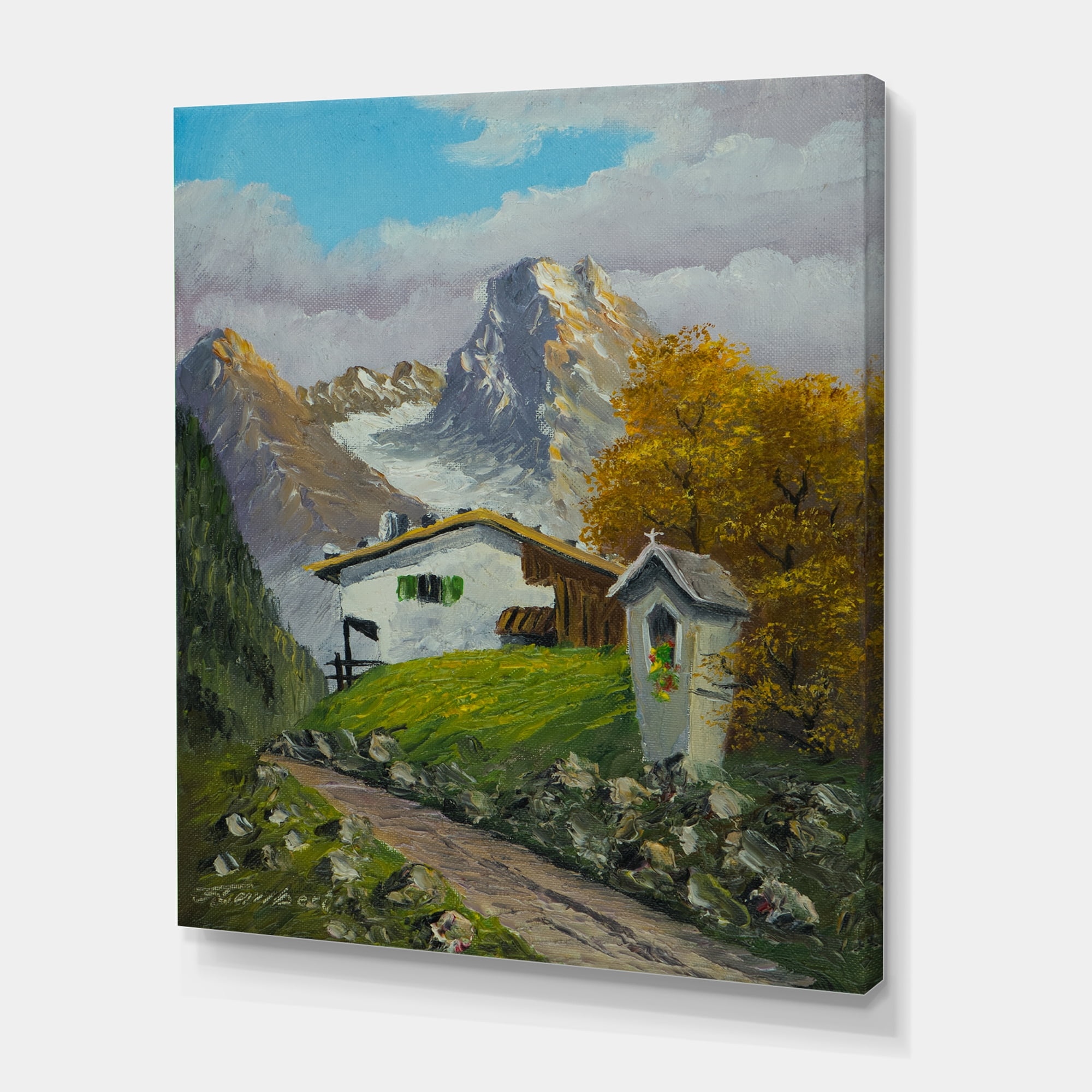 Designart ' The Path Leading To A House Along Wayside Shrine ' Farmhouse Canvas Wall Art Print