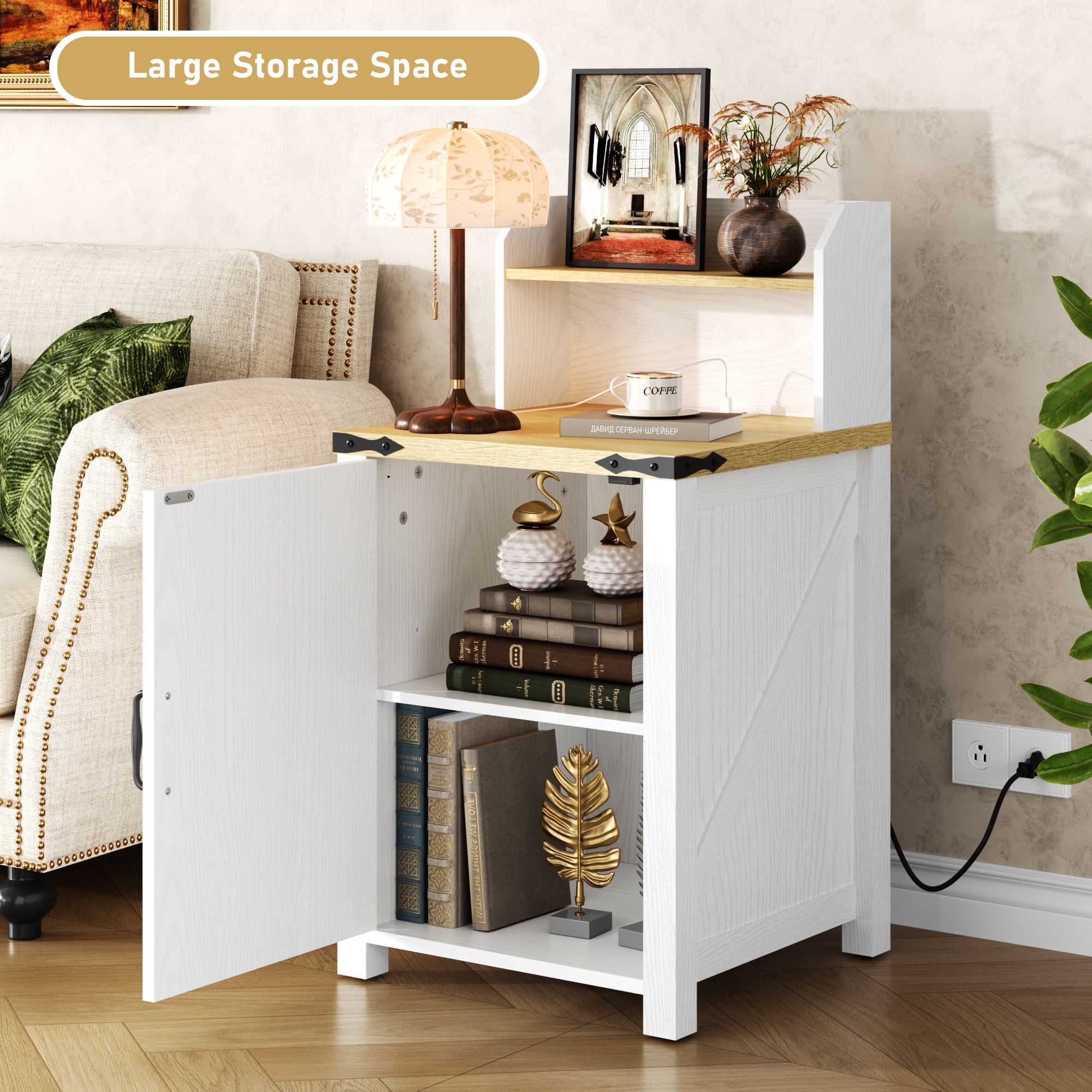 Holaki 18" Nightstand with Charging Station, End Table with LED Lights Strips, Rustic Wood Bedside Table with Adjustable Storage Shelf & Barn Door, Versatile Nightstand for Bedroom Living Room, White