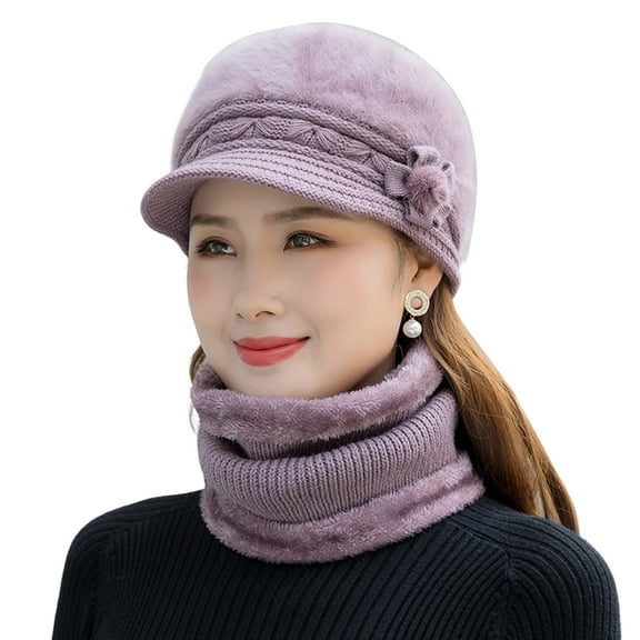 UDIYO 2Pcs/Set Winter Hat Neck Warmer Knitted Peaked Flower Pompom Decor Fuzzy Stretchy Warm Solid Color Winter Thermal Middle-aged Women Cap Scarf Kit for Outdoor