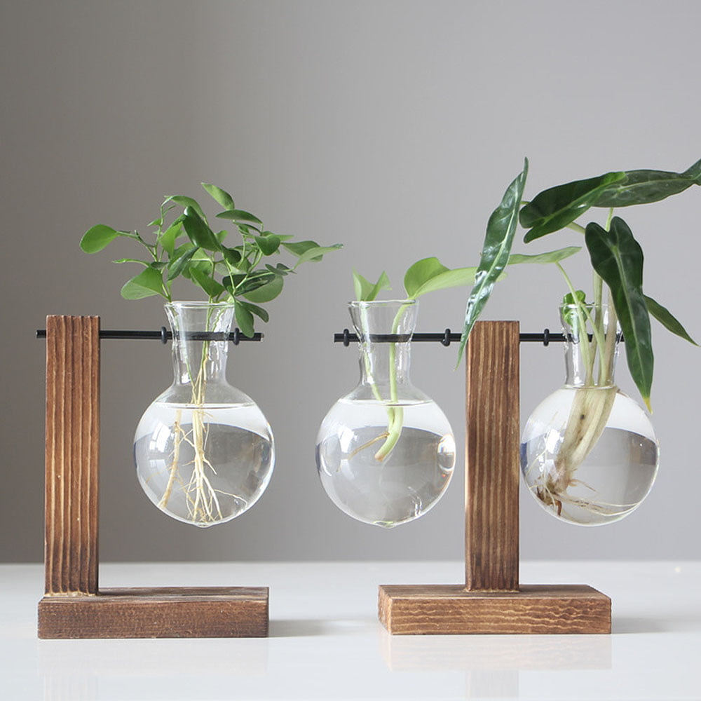 TIMEYARD Tabletop Glass Planter Home Bulb Vase with Wood Stand Office Decorative Hydroponic Plant Terrarium Container for Desktop Vintage Brown 