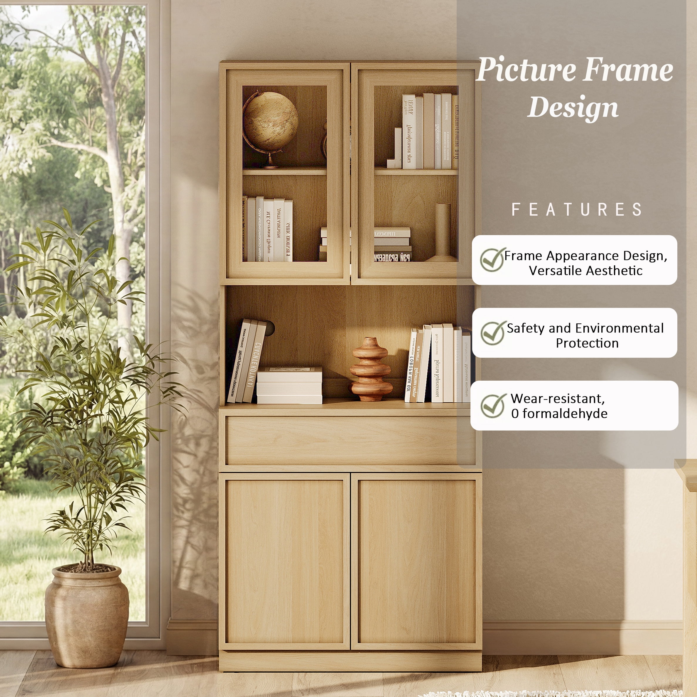 Modern 72" Tall Bookshelf with Glass Doors, Drawers & Adjustable Shelves, Closed Storage Cabinet & Glass Display Shelves,Oak