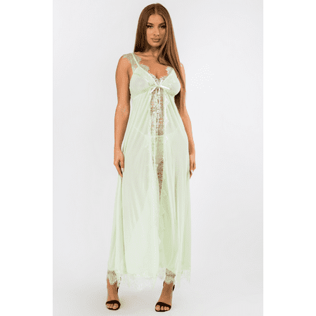 

Women’s Green Sheer Lace Mesh Maxi Dress Gown Lingerie & Panty Set