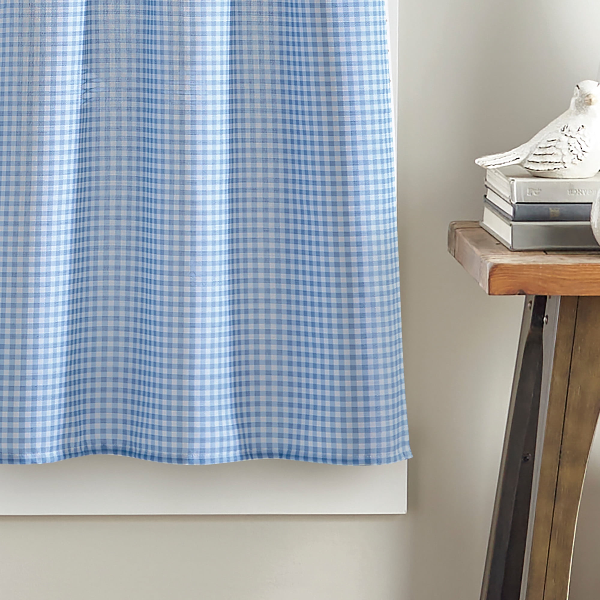 Curtainworks Gingham 3 Piece Tier and Valance Set Blue, Indoor, Pole Top, 56" x 14", Adult